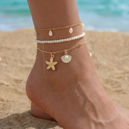 Fesciory Shell Ankle Bracelets for Women, Gold Plated Boho Anklet Set with Pearl Beads Starfish Conch Seashell, Adjustable Summer Beach Hawaiian Foot Jewelry Gift - style: Shell Pearl 3Pcs1