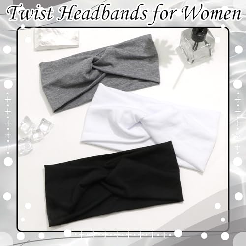 3 Pack Boho Headbands for Women Short Twist Turban Headbands Elastic Non Slip Hair Bands Womens Workout Hair Wraps Accessories - color: Black,White and Grey