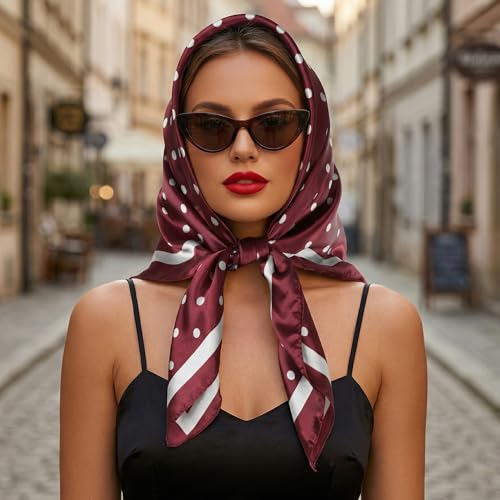 Pistha Head Scarf Bandana for Women, Satin Scarf for Hair, Large Square Silk Bandana Headscarf for Women and Men 35 Inch - style: Dot-red