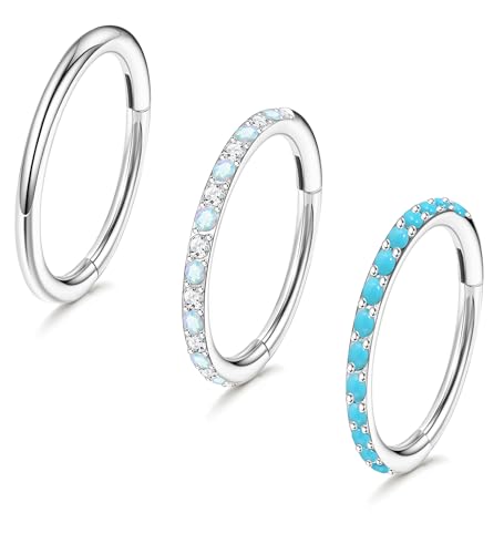 3pcs Nose Rings Hoops - 316L Surgical Steel Nose Hoops 16G/18G/20G CZ Opal Turquoise Clicker Septum Nose Ring Lip Helix Cartilage Hoop Earring Daith Rook Conch Body Piercing Jewelry for Women Men 6mm 8mm 10mm - color: Silver, size: 16 gauge(1.2mm)-8mm