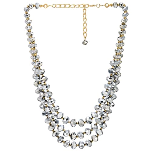 COOLSTEELANDBEYOND Crystal Beads Statement Necklace, Three-strand Layered Necklace, Waterfall - color: E-Color: Silver Grey & Gold