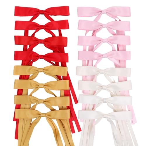 WORTL Hair Bows Clips Coquette Ribbon Bowknot with Long Tail Princess Hair Bows French Barrettes Hair Accessories for Women Girls 16PCS (red，Cream，Pink，Yellow) - color: red，Cream，Pink，Yellow