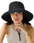 Sun Hats for Women Gardening Hat Wide Brim Ponytail Beach Sun Protection Breathable Cotton Summer Hat with Fold-Up Brim - color: Black