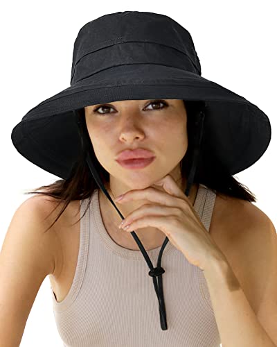 Sun Hats for Women Gardening Hat Wide Brim Ponytail Beach Sun Protection Breathable Cotton Summer Hat with Fold-Up Brim - color: Black