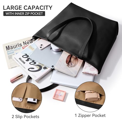 WLLWOO Soft Vegan Leather Tote Bag for Women Large Casual Hobo Handbags Zipper Shoulder Work Daily Weekender Travel Purse - color: Black