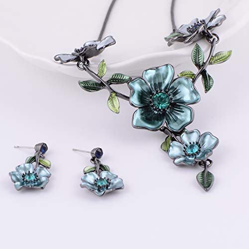 AMYJANE Vintage Statement Jewelry Set - Spring Leaf Flower Floral Plant Necklace Earring Set Crystal Rhinestone Fashion Costume Jewelry for Women Prom Party Unique Gift - style: Blue Flower Green Leaf
