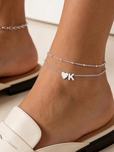 Silvora Ankle Bracelets for Women Waterproof 14K Gold/Silver/Black Initial Anklet for Women Dainty Layered Heart Ankle Bracelets Stainless Steel Adjustable Foot Chain Anklet Summer Beach Jewelry - color: K-Silver