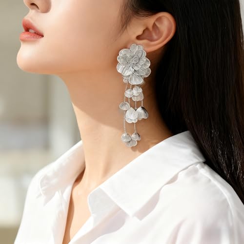Gold Silver Filigree Floral Dangle Earrings for Women, Long Drop Statement Earrings for Vintage Wedding Jewelry - style: Silver Long Floral Earrings