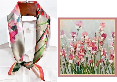 FONYVE 100% Mulberry Silk Scarfs for Women-Lightweight Square Satin Head Scarf-Small Silk Hair Scarf for Sleeping 21"x21" - color: 18 Red Flower