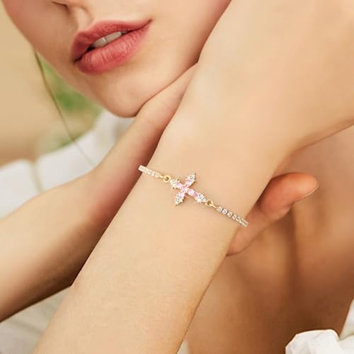 VIBILIA Bracelets for Women, Cross Bracelets for Women Trendy, Dainty Tennis Bracelet, Catholic Gift for Mom Daughter Wife Sister Friend, Communion Gift on Birthday Valentine's Day Easter Mother's Day - color: E. Gold-Pink