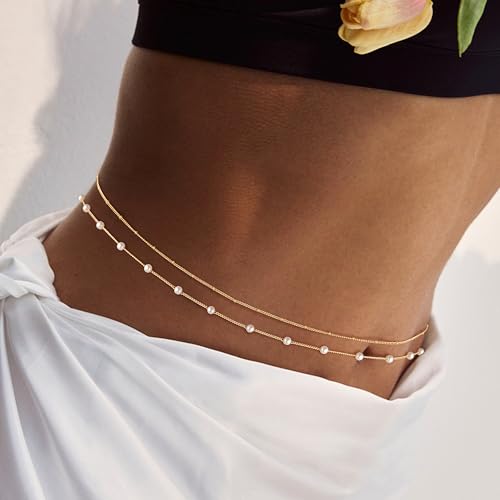 Kyerlyn Body Chain for Women 14K Gold Plated Waist Beads Chain Gold Belly Belt Cuban Layered Body Chains Waterproof Adjustable Sexy Bikini Beach Body Jewelry Daily Belts Gifts for Women 26.5-33Inch - style: Pearl + Satellite