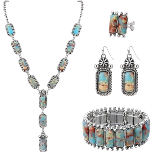 4 PCS Western Turquoise Jewelry for Women Boho Vintage Navajo Pearl Necklace Earring Bracelet Ring Set Country Cowgirl Accessories for Gift - color: I-Blue