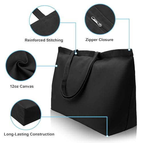 Large Canvas Tote Bag-Extra Big Shopping Beach Totes Bags Reusable Largest Grocery Plain Solid Bag 28"x8"x16" - color: Black With Zipper