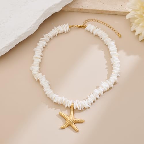 Puka Shell Necklace for Women Starfish Fish Statement Pendant Necklace Boho Summer Beach Choker Necklaces - color: White-A