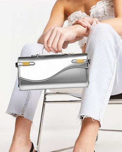 NEWBELLA Handwoven Women's Clutch Purse, Crossbody Bag with Adjustable Strap for Evening & Casual Use - color: Silver