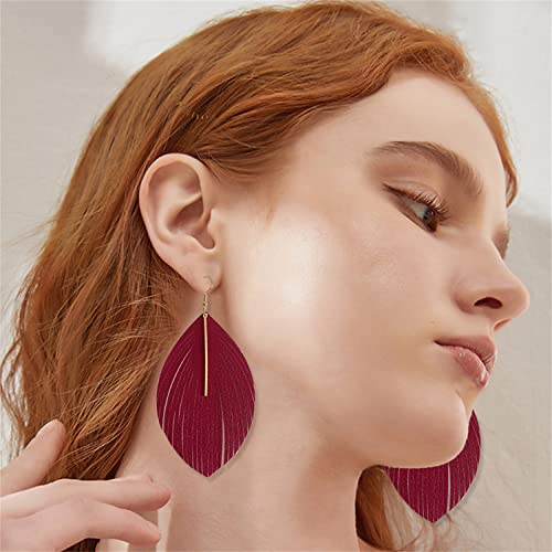 Minimalist Handmade Lightweight Large Soft Faux Leather Fringe Feather Dangle Drop Earrings Bohemian Huge Leaf Hook Earrings with Bar for Women - color: Rose red