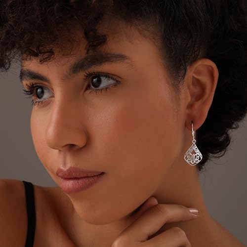 LeCalla 925 Sterling Silver Filigree Dangle Drop Leverback Earrings for Women | Long 925 Silver Dangle Leverback Earrings Hypoallergenic Filigree Tear drop Earrings Jewelry - style: Moonstone Flower-35mm