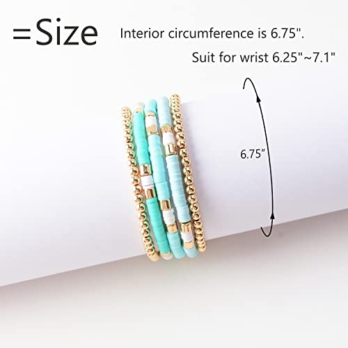 GOOJIDS Surfer Heishi Clay Bead Bracelets for Women Bohemian Stackable Gold Plated Beaded Stretch Bracelets Elastic Layering Friendship Bracelets Set Boho Jewelry - color: B-Light Green Surfer Color & Gold Bead
