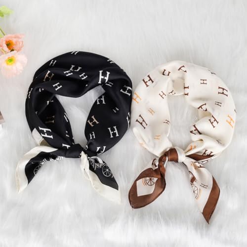 Relang Fashion Silk Satin Head Scarf for Women Hair Bandana Hair Scarf Wrap Neck Scarf for Women 27.5×27.5 inches - color: Brown&white