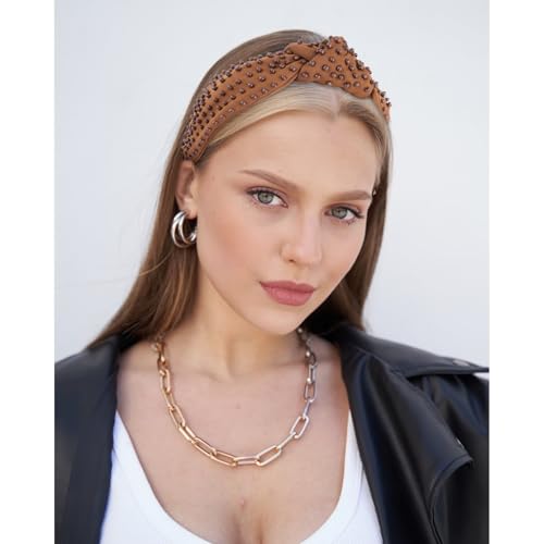 YISSION Brown Knotted Headband for Women - Wide Beaded Hair Hoop, Stylish Hair Accessory for Daily Wear, Parties, Dating & Casual Outfits - color: Brown