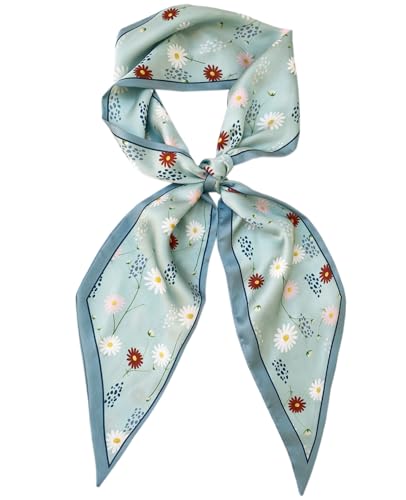 kcctoo 59” Long Silk Like Head Scarf Women's Fashion Square Neck Satin Scarfs for Bag Hair Scarves Gift 59 * 5.9” - color: E1 Little Daisy Light Green 59" X 5.9"