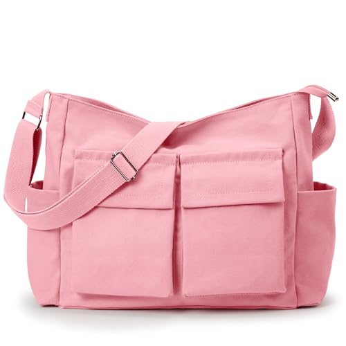 KALIDI Canvas Tote Bag Large Hobo Crossbody Shoulder Handbag Zipper Messenger Bag for Women or Men Casual College Work - color: Upgraded Pink