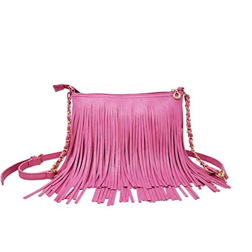 Solene Fringe Crossbody Shoulder Bag with Strap, Tassel Messenger bag, Country Style Western Fringe Purse for Women - color: Fuchsia