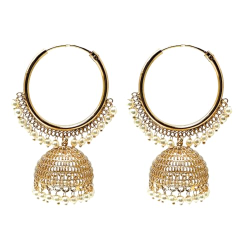Duel On Jewel Indian Jewelry Bundle for Women, Gold-Plated Teardrop Bell Anklet Payal Set with Infinity Hoop Jhumka Earrings, Pearl CZ Filigree Ethnic Boho Wedding Party Gift Set