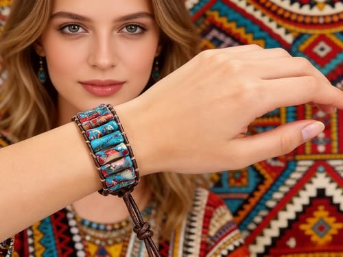 Sriomu 7 Chakra Bracelets for Women Handmade Natural Jasper Stone Healing Bead Bracelet Women Men Boho Friendship Inspirational Jewelry Natural Jasper Stone Double Layer Healing Bead Jewelry Gifts - color: Color Blue - Black Leather