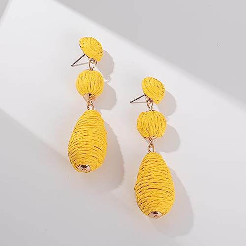 Boho Raffia Earrings Statement Dangle Earrings Cute Teardrop Ball Earrings Colorful Summer Jewelry Handmade Rattan Earrings for Women - color: Yellow