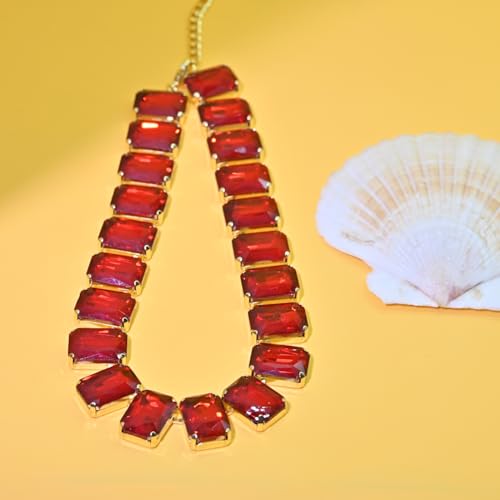 Fashionable Chunky Plated Tennis Rhinestone Statement Necklace Jewelry Set for Women Multicolor gem necklace with Great Sparkle and Shine Design for Women to Easy Match - color: red square rhinestone