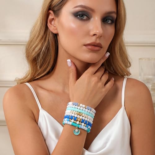 GOOJIDS Surfer Heishi Clay Bead Bracelets for Women Bohemian Stackable Gold Plated Beaded Stretch Bracelets Elastic Layering Friendship Bracelets Set Boho Jewelry - color: B-Blue Seashell Set