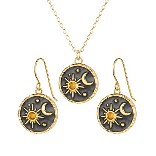 Dreuyet Vintage Sun Moon Earrings and Necklace Set for Women Boho Antiqued Crytal Sun Moon Dangle Drop Earrings Necklace Unique Handmade Retro Round Coin Celestial Jewelry Gifts - color: Gold Black