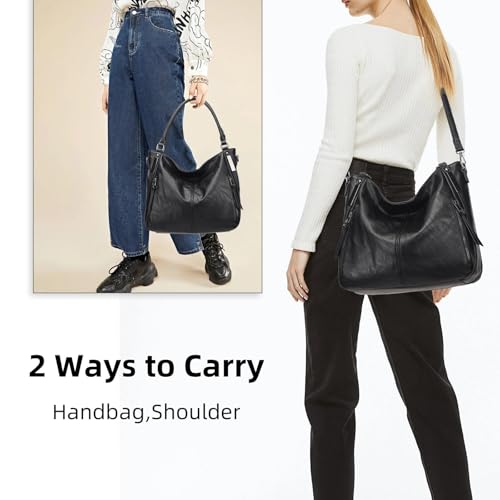 Shoulder Handbags for Women Large Soft Casual PU Leather Hobo Tote Purses - color: B-black