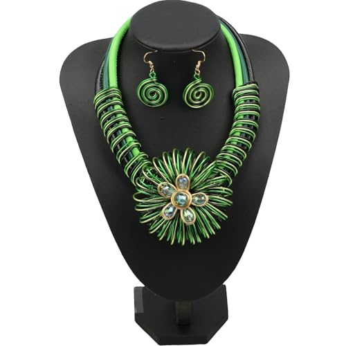 Ethnic Crystal Rhinestone Pendant Necklace Earrings Set Women Handmade Tribal Collar Choker Chunky Metal Bib Rope Chain African Statement Jewelry Set - color: NXR1418-green