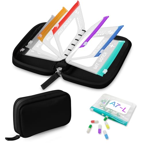 Timueetech A7 Waterproof Pill Organizer with 7 PCS L Size Zippered Pill Pouches for A7 Binder, Large BPA-Free Weekly Medicine Organizer, Color-Coded Reusable Travel Pill Storage System - color: Black