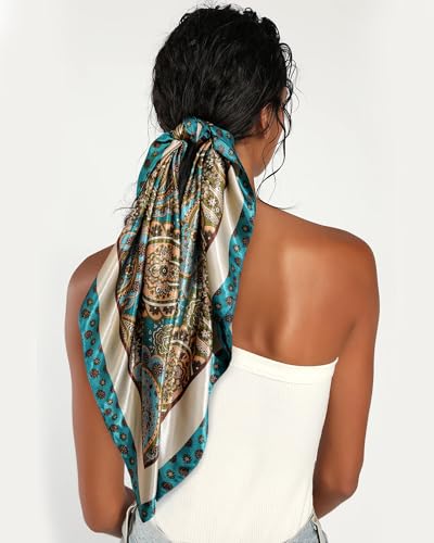 AWAYTR 35” Satin Head Scarf for Women Like Silk Scarf for Hair Scarf Satin Hair Bandana Women Headscarf Hair Wrap Scarf Neck - color: Blue