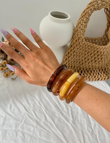 iF YOU 6pcs Chunky Acrylic Bangle Bracelets for Women, Resin Bamboo Brown Stretchy Bracelet Stack, Fashion Jewelry for Women - color: 4 Orange bangles