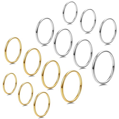MILACOLATO 1mm Stainless Steel Stacking Rings for Women | Thin 14K Gold Plated Band Rings | Stackable Knuckle Rings Thumb Pinky Midi Rings | Comfort-Fit Size 3/4/5/6/7/8/9 - color: 14pcs Silver&Gold Tone; Size 3-9