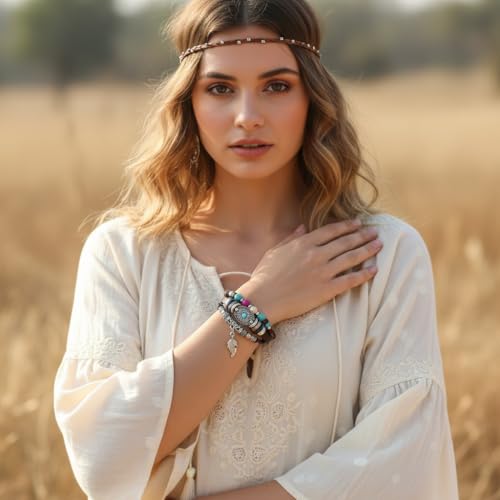 Turquoise Leather Western Bracelets for Women Men Bohemian Retro Turquoise Wrap Bracelets Exquisite Layered Stacked Cowboy Cowgirl Bracelet Western Country Concert Outfits Leather Cuff Bracelet for Women - style: Feather,Turquoise