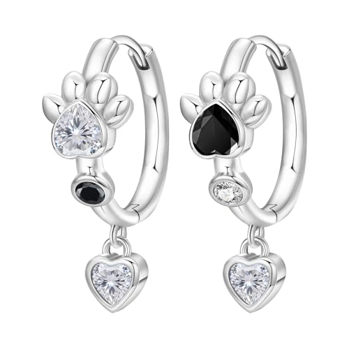 925 Sterling Silver Dangle Earrings for Women, Butterfly&Bee Animals Design, Hypoallergenic Jewelry gifts - color: Black and white paw print heart-shaped earrings