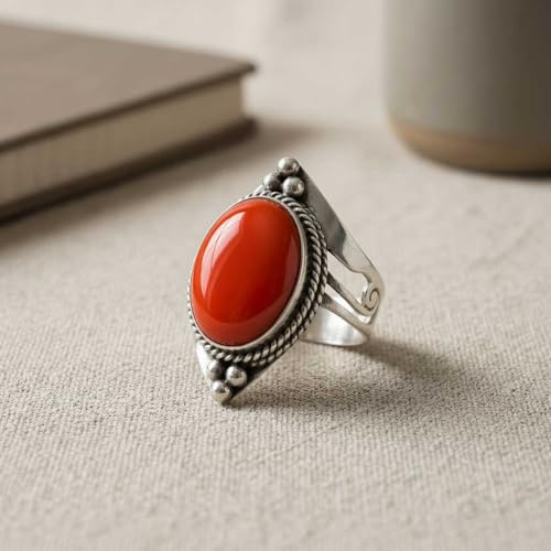 Handmade 925 Sterling Silver Plated Ring Natural Gemstone Carnelian, Rose Quartz, Tiger Eye, Crystal Oval Boho Jewelry For Women - color: Carnelian