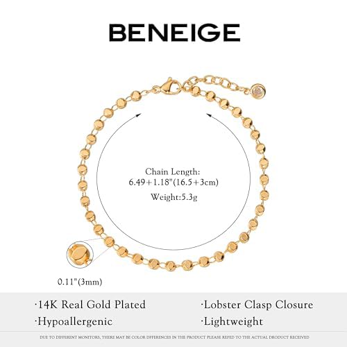 BENEIGE Women Bracelet 14K Gold Plated Paperclip Satellite Bead Ball Oval Cuba Cable Box Chain Daily Charm Layered Link Silver Bracelets Adjustable Jewelry - style: Beaded Square