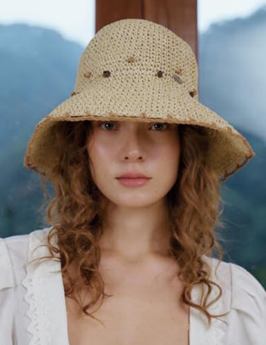 Women Straw Sun Hat Summer Beach Hats Foldable Floppy Cap Wide Brim Bucket Hat Solid Handmade Sun Protection Caps - color: Dot-beige