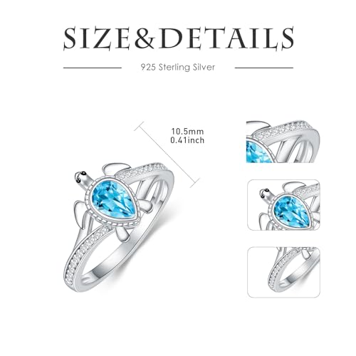 Sea Turtle Ring for Women 925 Sterling Silver Pear Shaped Birthstone Ocean Statement Ring for Ladies - color: Swiss Blue Topaz