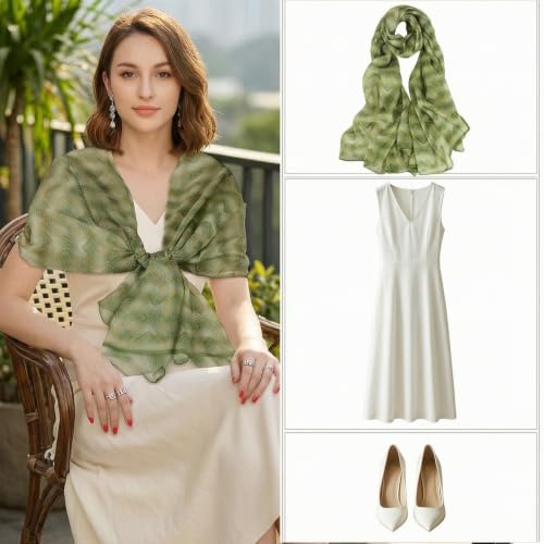 100% Mulberry Silk Women's Neck Silk Scarf-Lightweight Shawl,FLoral Print Beach Silk Wrap-Scarves for Photography - color: Green Striped