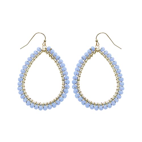 Bohemian Boho Teardrop Dangle Drop Earrings for Women – Delicate - Handcrafted Wire Wrapped Colorful Faceted Glass Beads – Gold Plated – with Gift Box Included - color: Lt Sapphire Blue