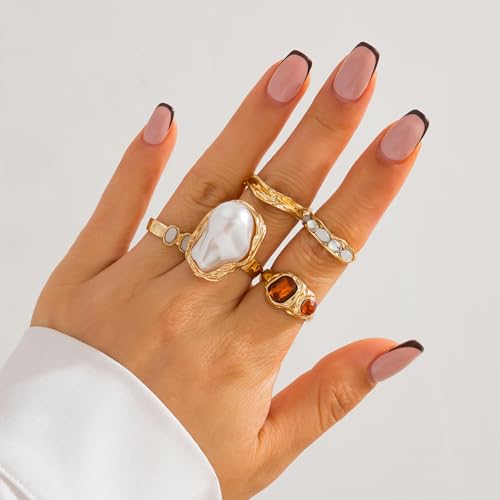 Chunky Gold Rings for Women Non Tarnish Statement Flower Ring Baroque Pearl Stackable Rings Set 6Pcs Chunky Jewelry - color: Gold 2