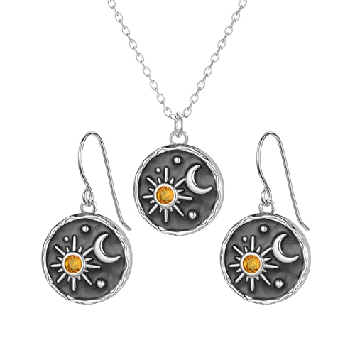 Dreuyet Vintage Sun Moon Earrings and Necklace Set for Women Boho Antiqued Crytal Sun Moon Dangle Drop Earrings Necklace Unique Handmade Retro Round Coin Celestial Jewelry Gifts - color: Silver Black