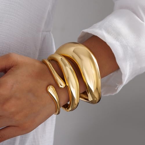 Chunky Gold Bangle Bracelets for Women, 14k Gold Plated Trendy Stackable Bangles Set, Dainty Cuff Bracelet Stack Jewelry for Gifts